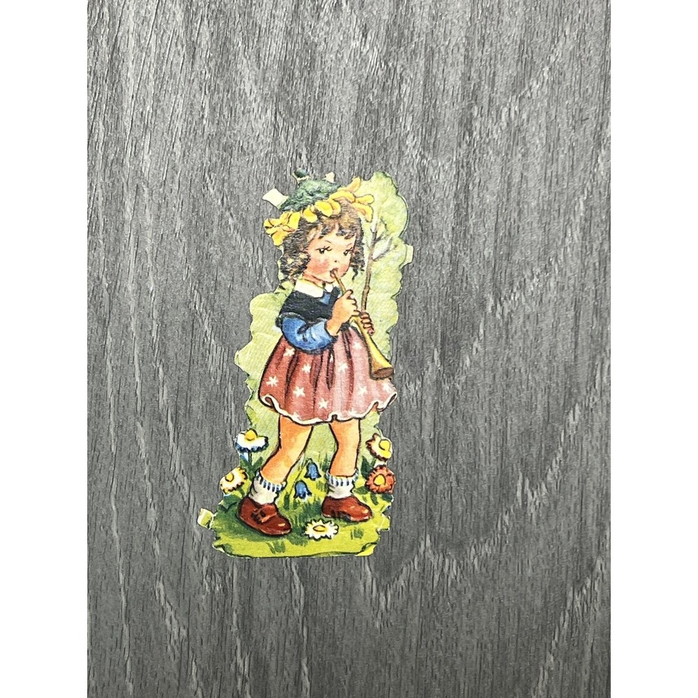 Vintage Die-Cut Scrap Art Girl Playing Flute Flowers Ephemera Paper Cutout